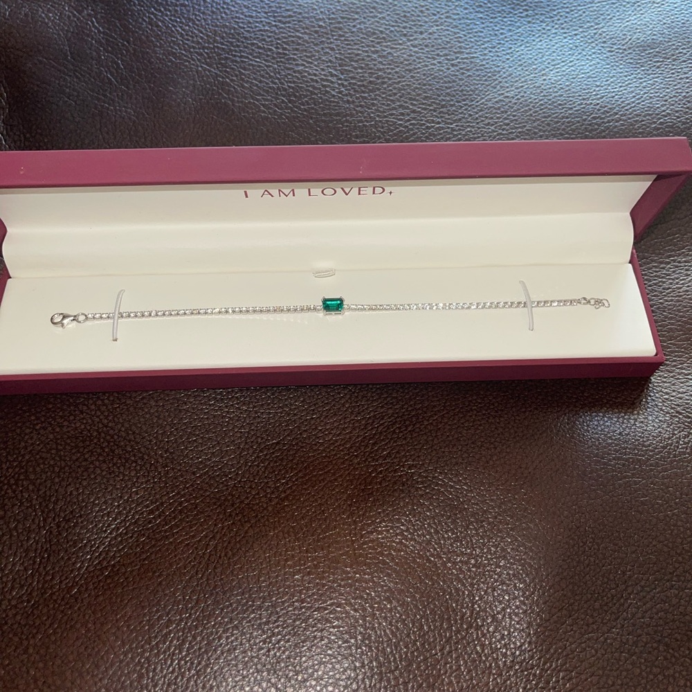 Lab created Emerald and White Sapphire bracelet in sterling silver